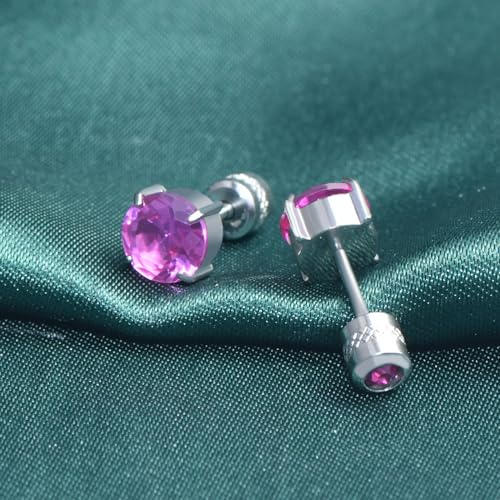 Titanium Flat Back Surgical Stainless Steel Stud Earrings for Women Men,Birthstone Stud Earrings Hypoallergenic Double Side 5A Cubic Zirconia Studs Jewelry 6mm - color: Silvery-Rose Red CZ