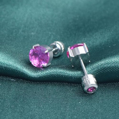 Titanium Flat Back Surgical Stainless Steel Stud Earrings for Women Men,Birthstone Stud Earrings Hypoallergenic Double Side 5A Cubic Zirconia Studs Jewelry 6mm - color: Silvery-Rose Red CZ