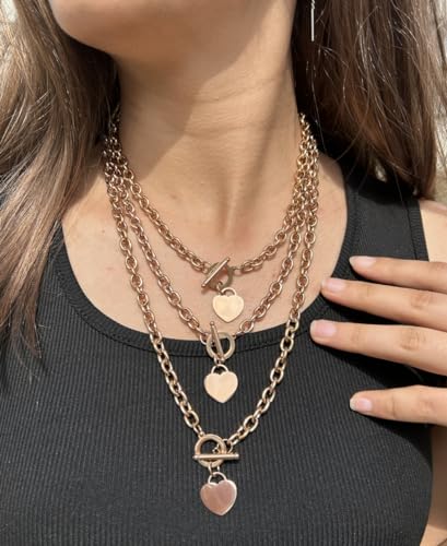 WangGao Elegent Love Stainless Steel Link Chain Blank Heart Charms Necklace for Women Toggle Clasp Closure - color: Rose Gold, size: 23.5inches