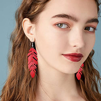 Handmade Unique Lightweight Bohemian Genuine Leather Leaf Dangle Drop Earrings Dainty Sparkly Chain Feather Hook Earring for Women Statement - color: Red