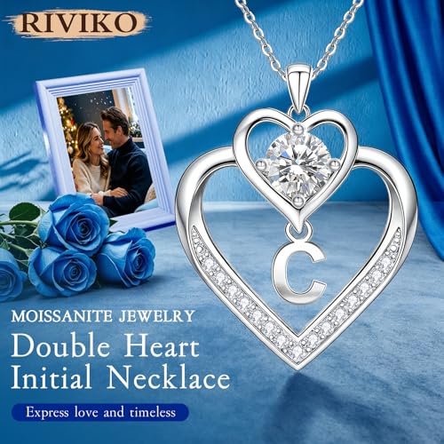 RIVIKO 1 Carat Moissanite Heart Initial Necklace for Women,Letter Pendant | 925 Sterling Silver Chain,Personalized Jewelry,Anniversary Birthday Gifts for Wife Friend Mom - color: Letter C