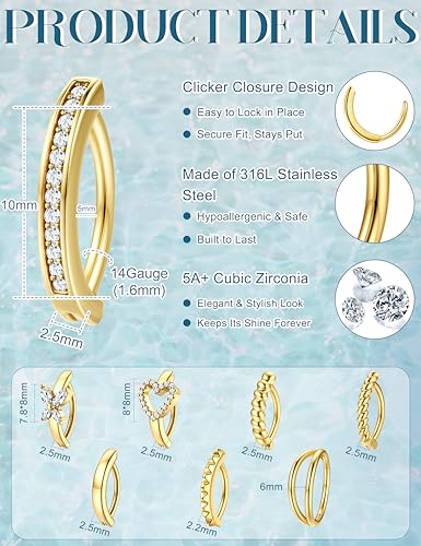 ORAZIO 8Pcs Belly Button Ring Surgical Steel 14G Clicker Belly Rings for Women CZ Heart Butterfly Belly Button Piercing Simple Reverse Navel Barbell Rings Body Piercing Jewelry - color: Gold Plated-10mm