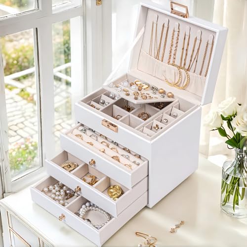Leather Jewelry Box with Lock for Women, 4-Tier 3-Drawer Jewelry Organizer, Large Capacity Vanity Storage Case for Earrings Rings Necklaces, Gift for Her (White) - color: White, size: small size