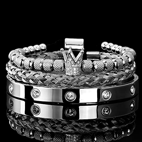 3pcs/set Classical Handmade Braiding Bracelet Hip Hop Men Pave CZ Leopard Head Roman Numeral Bracelet Stainless Steel Jewelry - color: 3pcs K Silver