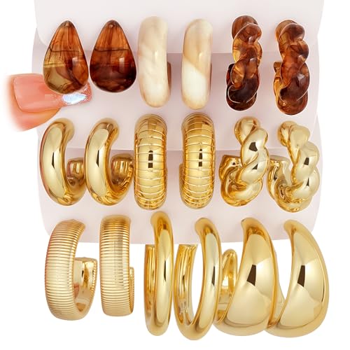 Chunky Gold Hoop Earrings for Women 9 Pairs, Fashion Resin Jewelry Gifts | Thick, Open, Twisted, Huggie, lightweight, 14K Gold-plated, Hypoallergenic, Great for Party/Gathering/Wedding/Work/Daily - color: Golden Earth