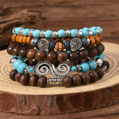 5pcs Wooden Bead Bracelet Set with Charm and Tassel for Men & Women - Stackable Boho Bracelets, Amber Color Scheme Adjustable Bracelet - color: Brown and Light Blue