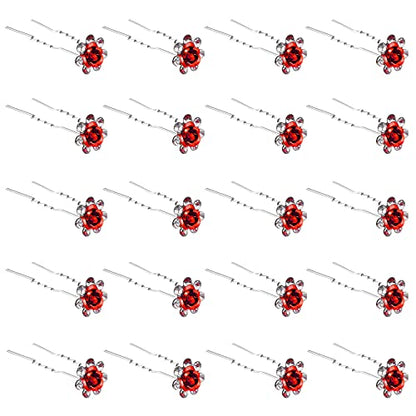QIUTIMIY 20 Pack (Red) Crystal Hair Pins Rose Flower Rhinestone Hair Clips for Bridal Wedding Women Hair Jewelry Accessories, with Clear Container - color: Rose Flower-Red