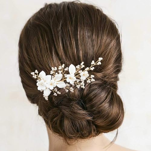 White Bridal Hair Clip Wedding Pearl Ceramic Flower Leaf Hair Piece Accessories for Women Girls