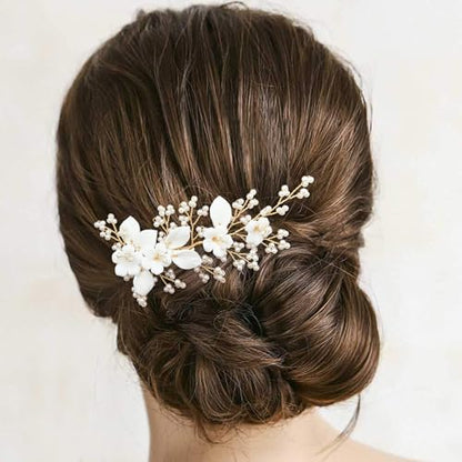 White Bridal Hair Clip Wedding Pearl Ceramic Flower Leaf Hair Piece Accessories for Women Girls