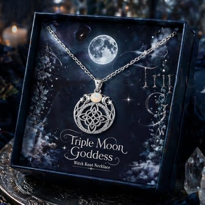 925 Silver-plated Triple Moon Goddess Witch Knot Necklaces Opal Zircons Moon Star Witchcraft Pendant Witch Amulet Protection Jewelry
