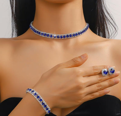 Women Rhinestone Crystal Jewelry Set Crystal Tennis Design Rhinestone Choker Necklace Link Bracelet Teardrop Earrings Set Wedding Bridal Bridesmaids Party - color: Silver Plated Blue Crystal（2）