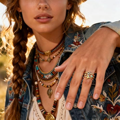Todenb Turquoise Ring for Women，Gold Western Turquoise Open Ring Boho Stainless Steel Moon and Star Band Wrap Knuckle Rings Western Country Fashion Jewelry Accessories - color: big moon