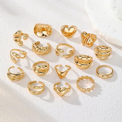 31 Pcs Chunky Gold Rings Fashion Stackable Rings for Women Statement Womens Rings Set Knuckle Band Ring Jewelry Gifts - style: Golden 16 pcs