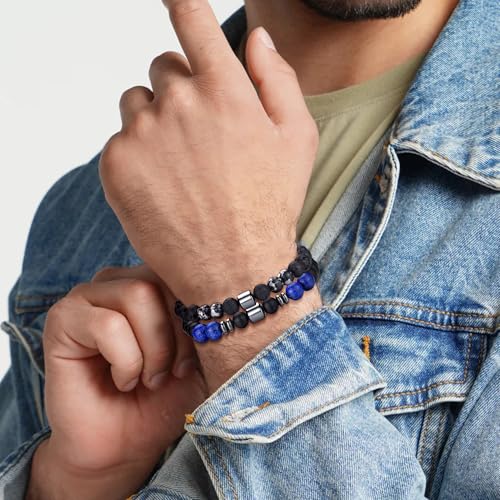 Mens Beaded Bracelets Set 8MM Tiger Eye Lava Stone Stretch Natural Stone Men's Bead Bracelet Mens Bracelet - color: 4,black,gray,lava rock,white bracelet
