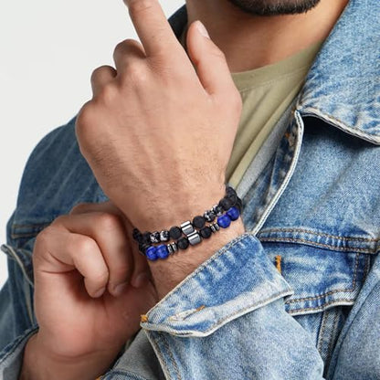 Mens Beaded Bracelets Set 8MM Tiger Eye Lava Stone Stretch Natural Stone Men's Bead Bracelet Mens Bracelet - color: 4,black,gray,lava rock,white bracelet