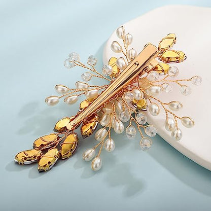 Xerling Red Rhinestones Crystal Flower Hair Barrettes Clip Boho Bridal Pearl Hair Jewelry Accessories for Women Wedding Floral Headpieces (Red) - color: Red