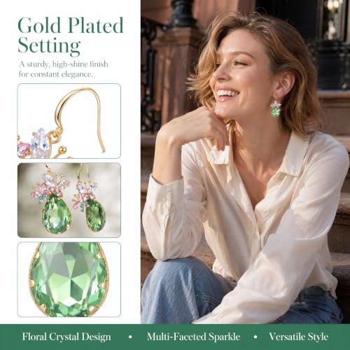 Green Butterfly Crystal Teardrop Dangle Earrings For Women | Gold Plated Brass Statement Accessories For Prom And Party Wear. Secure Hooks And Durable Crystals For Long Lasting Sparkle.