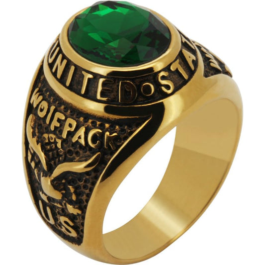 316L Stainless Steel 18k Yellow Gold Plated AAA Cubic Zirconia US Army Wolfpack Birthstone Signet Ring - color: GOLD-GREEN