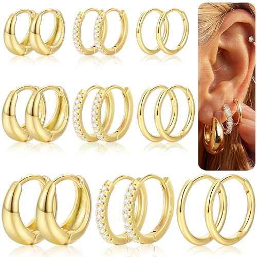 9 Pairs Gold Huggie Hoop Earrings Sets for Women, 14K Gold Plated Small Hoop Earring Sets for Multiple Piercing, Hypoallergenic Thick Lightweight Earring for Womens Jewelry Gifts - color: GoldA-9 pairs hoop earrings