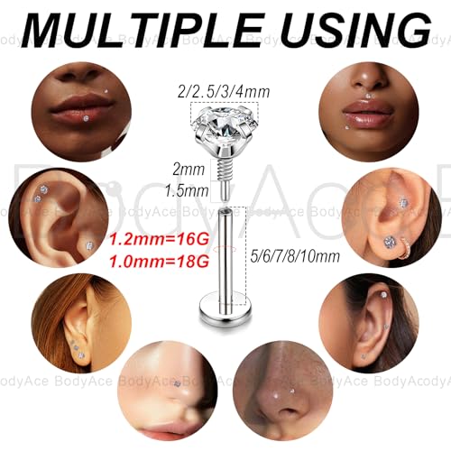 16G 18G Tragus Piercing Labret Medusa Jewelry Flat Back Earrings Nose Stud | Long Internally Threaded Monroe Lip Rings Surgical Steel CZ Cartilage Helix Studs Conch Piercings - color: Silver, size: 1.0mm=18G,BL:8mm