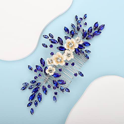 Bridal White Flower Blue Crystal Rhinestone Hair Comb for Bride Bridesmaid Sliding side Headpieces Wedding Hair Accessories for Women and Girls (Blue) - color: Blue