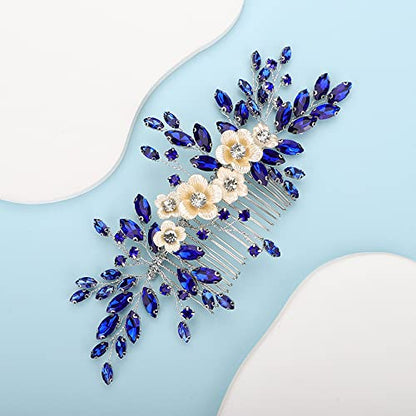 Bridal White Flower Blue Crystal Rhinestone Hair Comb for Bride Bridesmaid Sliding side Headpieces Wedding Hair Accessories for Women and Girls (Blue) - color: Blue
