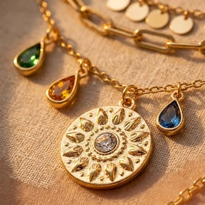 QCWN Gold Layered stacked Necklaces for women 3PS Chunky Statement Necklaces Stack Mixed Metal Charm Necklace for Women Trendy Coin Jewelry Gift for Her Gifts - style: Layered stack 9