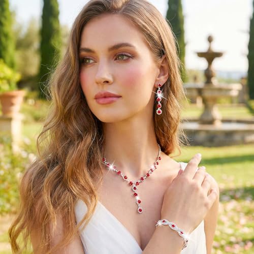 Silver Wedding Jewelry Sets Rhinestone Necklace Earrings Bracelet Set Prom Formal Costume Jewelry for Women and Brides - color: Red