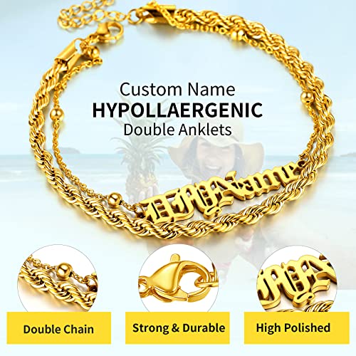ChainsHouse Double Layer Anklet Bracelet for Women,Adjustable Chain Anklets Stackable Dainty Anklets,Stainless Steel/Gold Plated/Black Ankle Jewelry Gifts - color: B-Gold Plated-Rope Chain