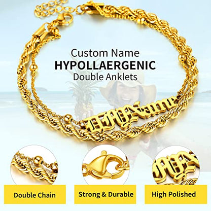 ChainsHouse Double Layer Anklet Bracelet for Women,Adjustable Chain Anklets Stackable Dainty Anklets,Stainless Steel/Gold Plated/Black Ankle Jewelry Gifts - color: B-Gold Plated-Rope Chain