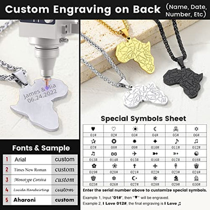 GOLDCHIC JEWELRY Africa Map Necklace for Men, Stainless Steel African Tribal/Egyptian Eye of Horus/I LOVE AFRICA/Elephant Map Hiphop Jewelry Unisex with 22'+2'Adjustable Chain - color: Africa Map - Stainless Steel, style: Personalised Engraving