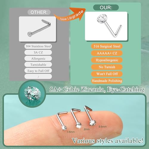 THUNARAZ Straight L Shaped Stainless Steel Nose Studs Rings Piercing Pin Body Jewelry 20G-22G 1.5mm 2mm 2.5mm - color: C:60Pcs White CZ(20G L Shaped)