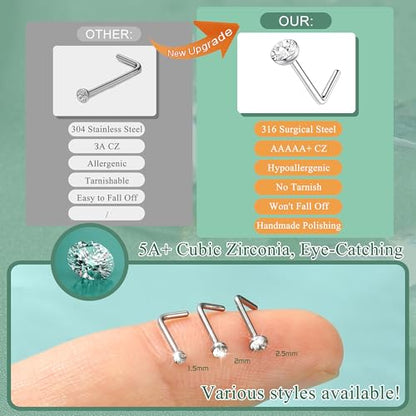 THUNARAZ Straight L Shaped Stainless Steel Nose Studs Rings Piercing Pin Body Jewelry 20G-22G 1.5mm 2mm 2.5mm - color: C:60Pcs White CZ(20G L Shaped)
