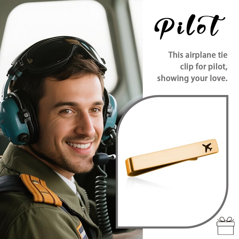 Mens Airplane Tie Clip for Boyfriend Husband Son Flight Attendant Accessories for Men - style: Gold base model