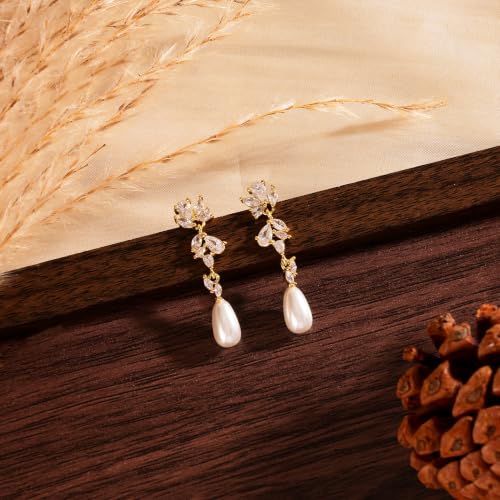 Pearl Earrings for Women:Gold Wedding Dangle Drop Earring Pearl Jewelry | 14K Gold Plated Pearl Drop Earrings for Women,Dainty Wedding Bride Earring Studs,Gold Dangle Drop Earring,Waterproof Jewelry - size: 1 pcs-15