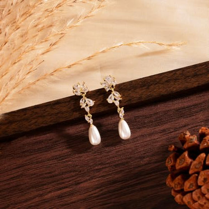 Pearl Earrings for Women:Gold Wedding Dangle Drop Earring Pearl Jewelry | 14K Gold Plated Pearl Drop Earrings for Women,Dainty Wedding Bride Earring Studs,Gold Dangle Drop Earring,Waterproof Jewelry - size: 1 pcs-15