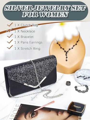 Henoyso 5 Pcs Purse Rhinestone Jewelry Set Prom Jewelry Rhinestone Clutch Purse Necklace Earrings Bracelets for Women Bride - color: Black