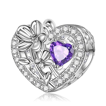 Birth Flower Birthstone Charm for Pandora Charms Bracelets Necklace 925 Sterling Silver Heart Love Charm Birthday Mother's Day Christmas Jewelry Gifts - color: 02-February