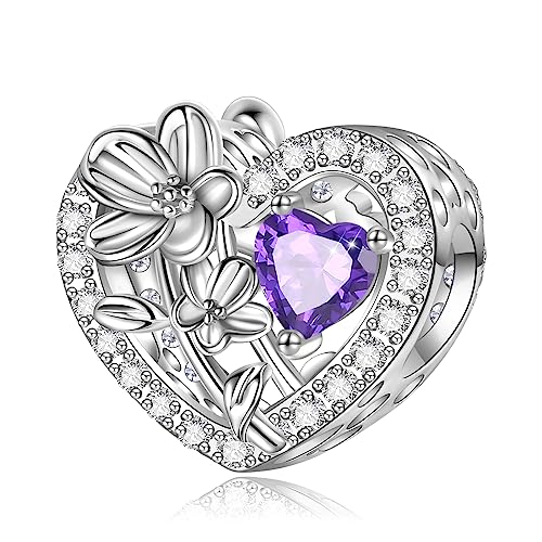 Birth Flower Birthstone Charm for Pandora Charms Bracelets Necklace 925 Sterling Silver Heart Love Charm Birthday Mother's Day Christmas Jewelry Gifts - color: 02-February