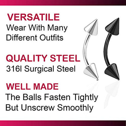 4pcs 16g Curved Barbell Cartilage Lip Tragus Eyebrow Forward Helix Conch Daith Earring Black Vertical Labret Spike - 10mm