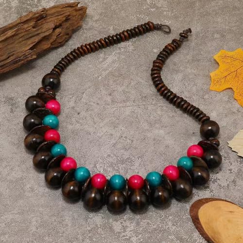 COLORFUL BLING Ethnic Large Chunky Wooden Beaded Necklaces Boho African Statement Necklace Handmade Tribal Collar Choker Bib Jewelry - color: joint brown mix