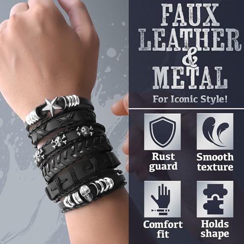 6 Pcs Leather Goth Bracelets, Adjustable 7-11 In, Skull and Star | Emo Bracelet Set, Gothic Faux Cuffs; Punk Rock Wristbands; Braided, Stackable; for Festivals, Alt Outfits and Daily Wear
