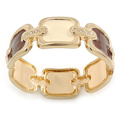 Avalaya Cream/Brown Enamel Square, Crystal Hinged Bangle Bracelet In Gold Tone - 19cm L