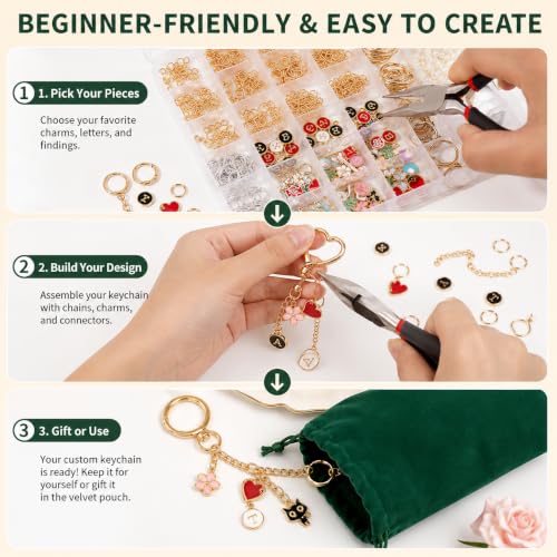 XUHAO7 313Pcs DIY Jewelry Making Kit - Craft Set with Keychains | Pendants Pearl Beads Chains Pliers Storage Box Bracelets, DIY Jewelry Craft Supplies for Bag Charm, Includes 5 Velvet Pouches - size: 313pcs