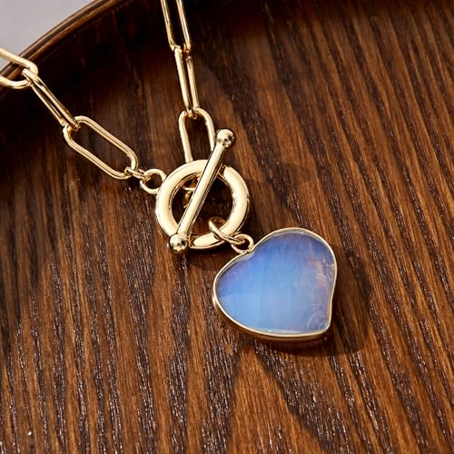 14K Gold Plated Two Sides Carved Stone Heart Shape Necklace for Women Love Pendant Necklace Jewelry for Daily and Gifts - color: Opal