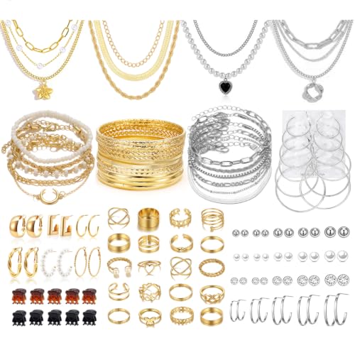 95 Pcs Gold Silver Jewelry Set for Women Includes 10Pcs Layered Necklaces, 23Pcs Layered Bracelets, 17 Hoop Earrings, 15 Stud Earrings, 20 Stackable Rings and 10 Hairpins Fashion Jewelry Set for Ladies