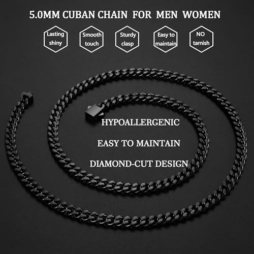 Fiusem Silver Tone/Black/14K Gold Plated Chain Necklace for Men, 5mm/6mm/7.5mm/8mm/9mm Stainless Steel Cuban Link Chain Necklace, Men's Chains 18-28 Inch Jewelry Gifts - size: 18", style: 5mm black