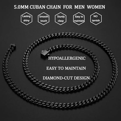 Fiusem Silver Tone/Black/14K Gold Plated Chain Necklace for Men, 5mm/6mm/7.5mm/8mm/9mm Stainless Steel Cuban Link Chain Necklace, Men's Chains 18-28 Inch Jewelry Gifts - size: 20", style: 5mm black