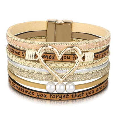 Desimtion Inspirational Tree of Life Boho Leather Wrap Bangle Bracelets for Women, Teen Girl Gifts Trendy Stuff, Fashion Accessories Jewelry Gifts for Women Girls - color: Beige-gold heart