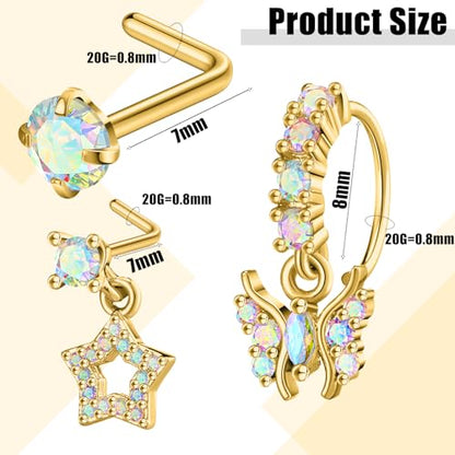 18 Pcs Dangle Nose Ring L Shaped Dangling Nose Stud Nose Ring Hoop Indian Nose Piercing Jewelry with Charm - color: Gold AB